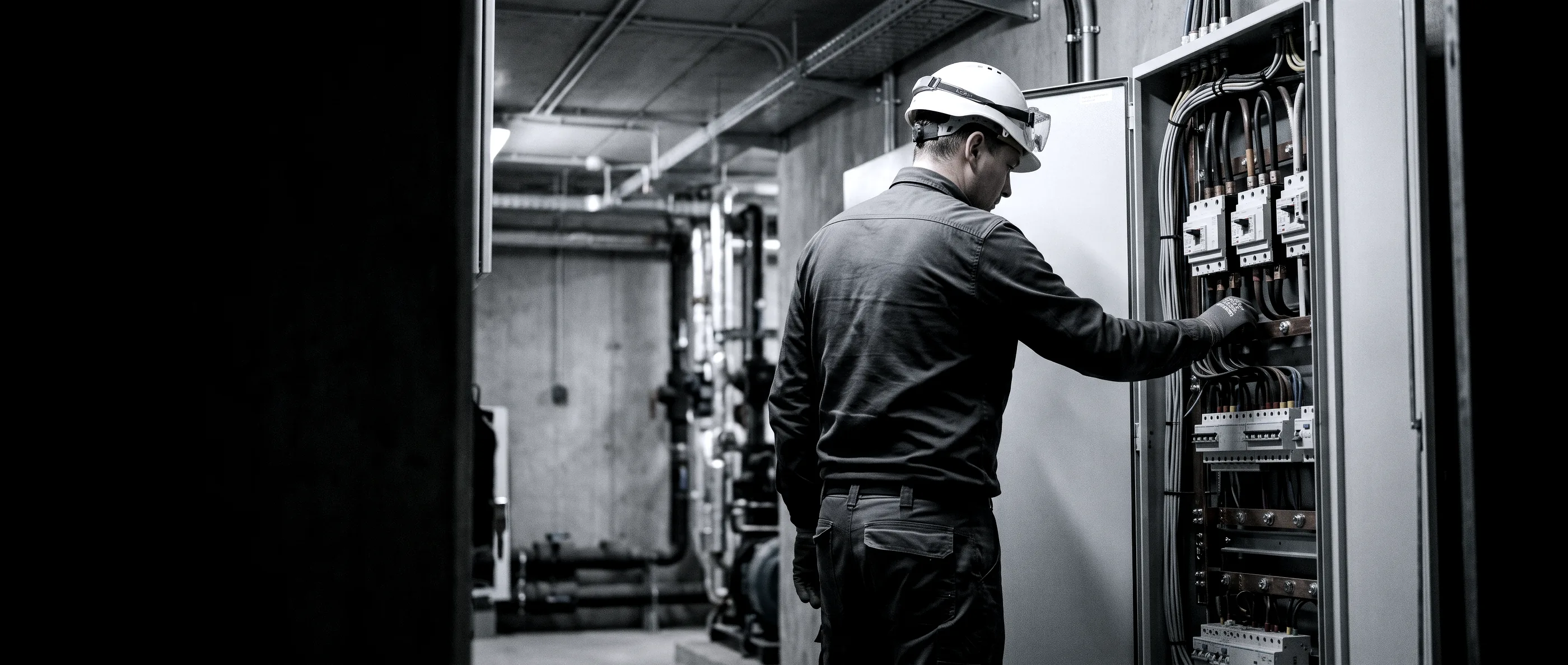 An electrician working at a three-phase distribution board in a commercial plant room.