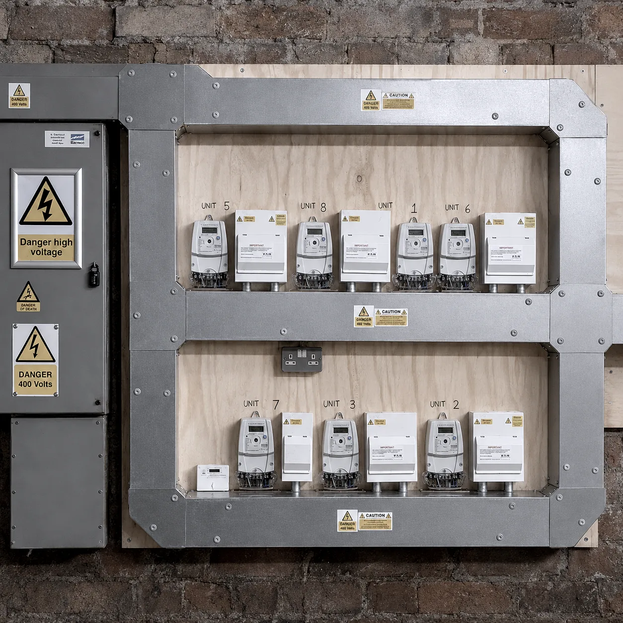 The replacement installation: new meters and isolators on a clean plywood backboard inside galvanised trunking, each unit numbered and carrying warning labels.