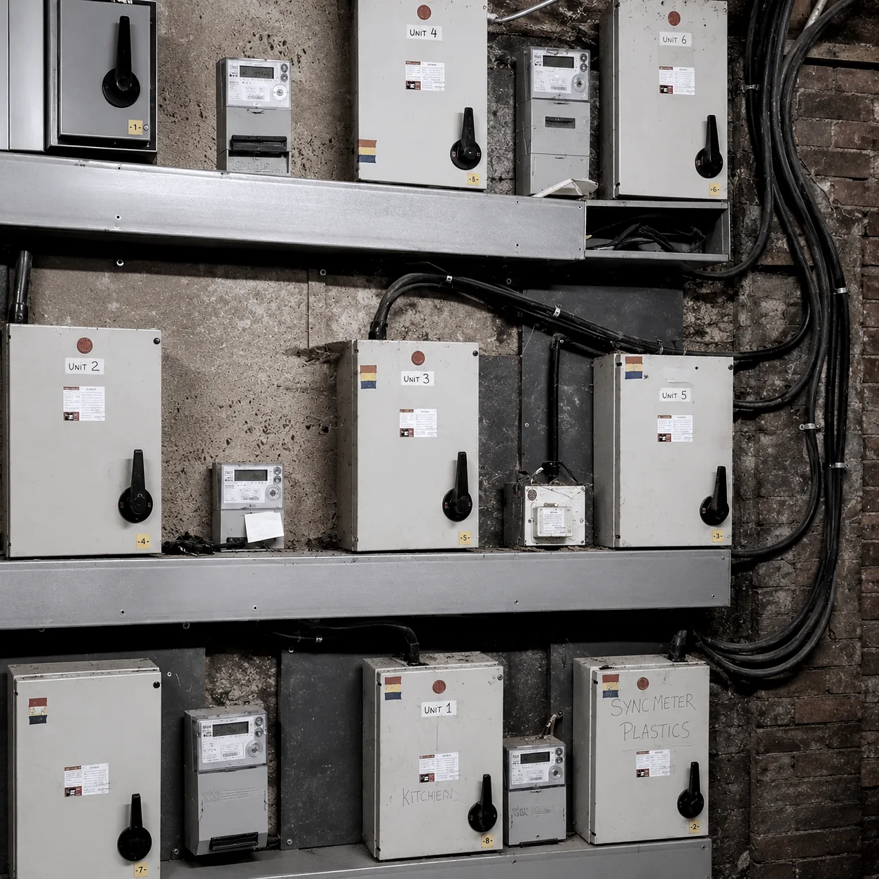 The original metering installation: ageing switchgear and meters mounted on stained chipboard against bare brick, with unsupported cables running across the wall.