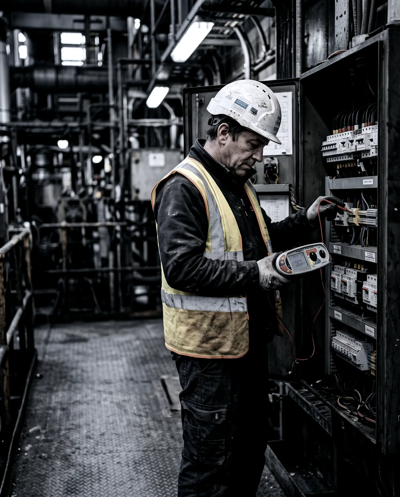 An electrician in a hi-vis vest taking a reading from a commercial distribution board with a multifunction tester.