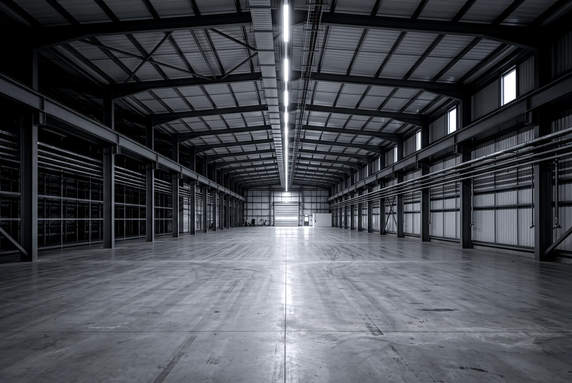 Interior of a large industrial unit with a newly installed run of linear LED lighting.